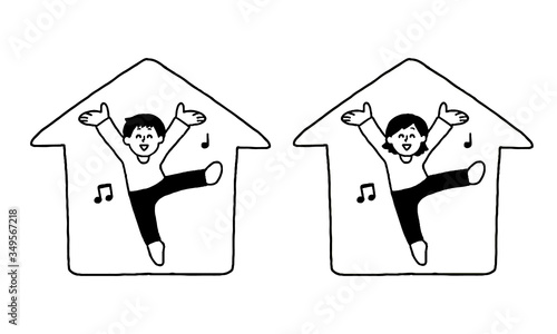 家で踊る私服男性女性（シンプル）