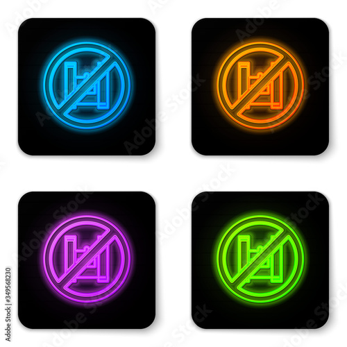 Glowing neon Say no to plastic bags poster icon isolated on white background. Disposable cellophane and polythene package prohibition sign. Black square button. Vector