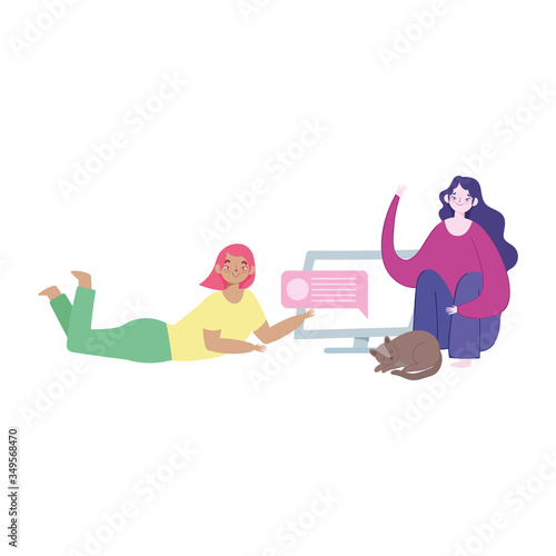 working remotely, women cartoon on floor with computer and cat