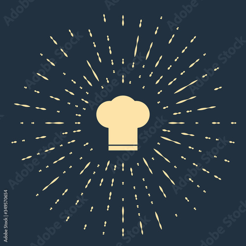 Beige Chef hat icon isolated on blue background. Cooking symbol. Cooks hat. Abstract circle random dots. Vector