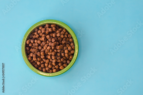 Pet dry food in a ceramic green bowl on pastel blue background. Dog, puppy or cat food. Top view, flat lay, copy space, place for text