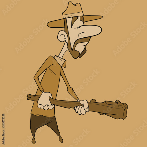 cartoon man with whiskers in a hat holds a wooden baton in his hands