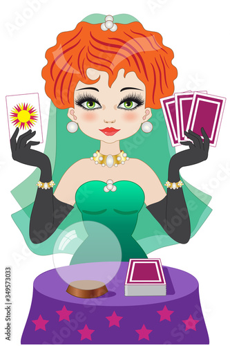 Beautiful fortune teller with red hair and green dress