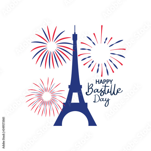 Bastille day concept, Eiffel tower and fireworks, flat style
