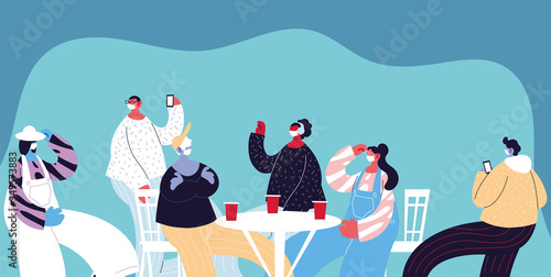 group people celebrating with drinks they use face masks