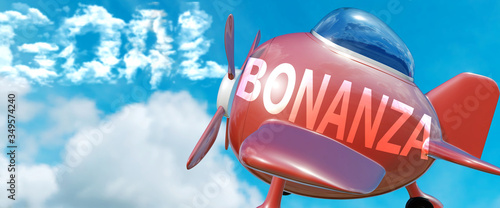 Bonanza helps achieve a goal - pictured as word Bonanza in clouds, to symbolize that Bonanza can help achieving goal in life and business, 3d illustration photo