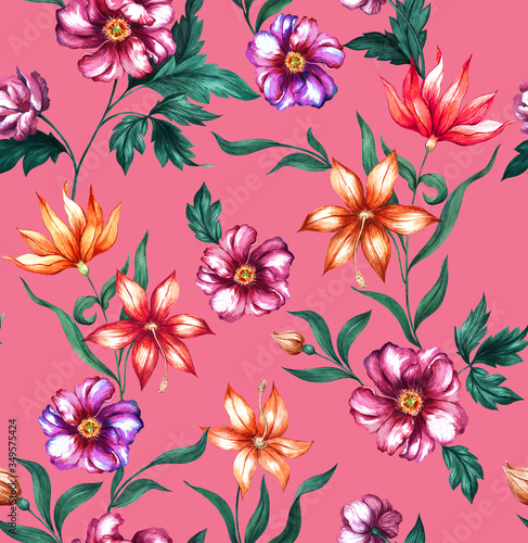 Bright fashion beautiful watercolor textile pattern with pink rose flowers, lily flowers on a pink background.