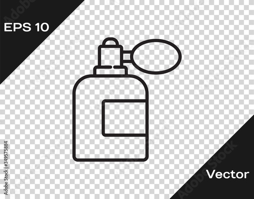 Black line Aftershave bottle with atomizer icon isolated on transparent background. Cologne spray icon. Male perfume bottle. Vector
