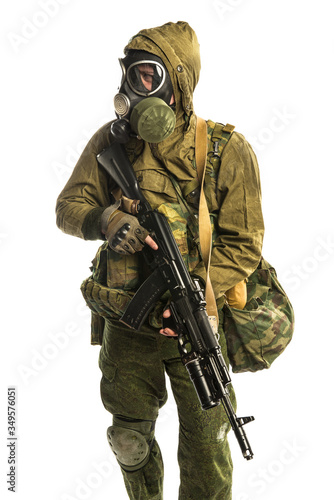 post-apocalyptic soldier. shot in studio. isolated on white background