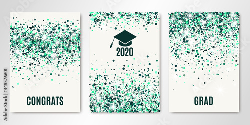 Class of Grad 2020 greeting cards. Banners set with emerald confetti on white. Vector flyer design templates for graduate party invitations, design certificates. All isolated and layered