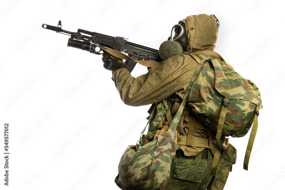 post-apocalyptic soldier. shot in studio. isolated on white background