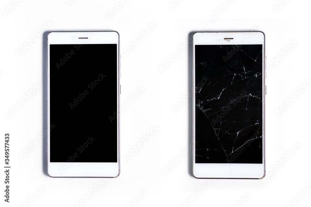 Two modern mobile touch smartphones. Whole and with a broken glass screen, isolated on a white background. Service, repair and technological concept. Copy space for text. View from top. Two modern mobile touch smartphones. Whole and with a broken glass screen, isolated on a white background. Service, repair and technological concept. Copy space for text. View from top.