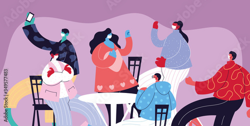 group people celebrating with drinks they use face masks