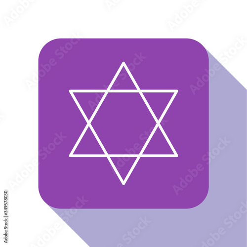 White line Star of David icon isolated on white background. Jewish religion symbol. Symbol of Israel. Purple square button. Vector