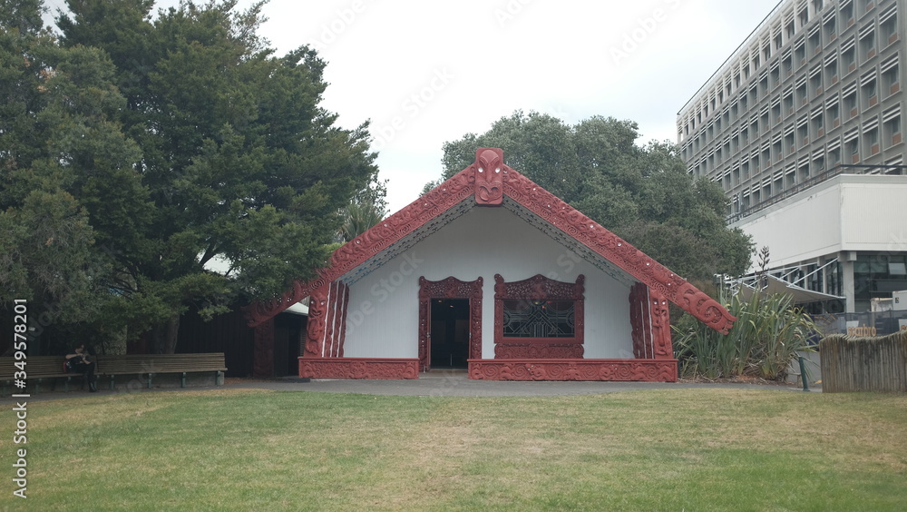 Maori traditional house Warenui, Tānenuiarangi - the wharenui at Waipapa marae, University of Auckland, New Zealand, Aotearoa