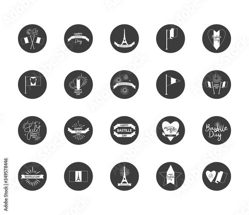 french flags and Bastille day icon set, block silhouette style