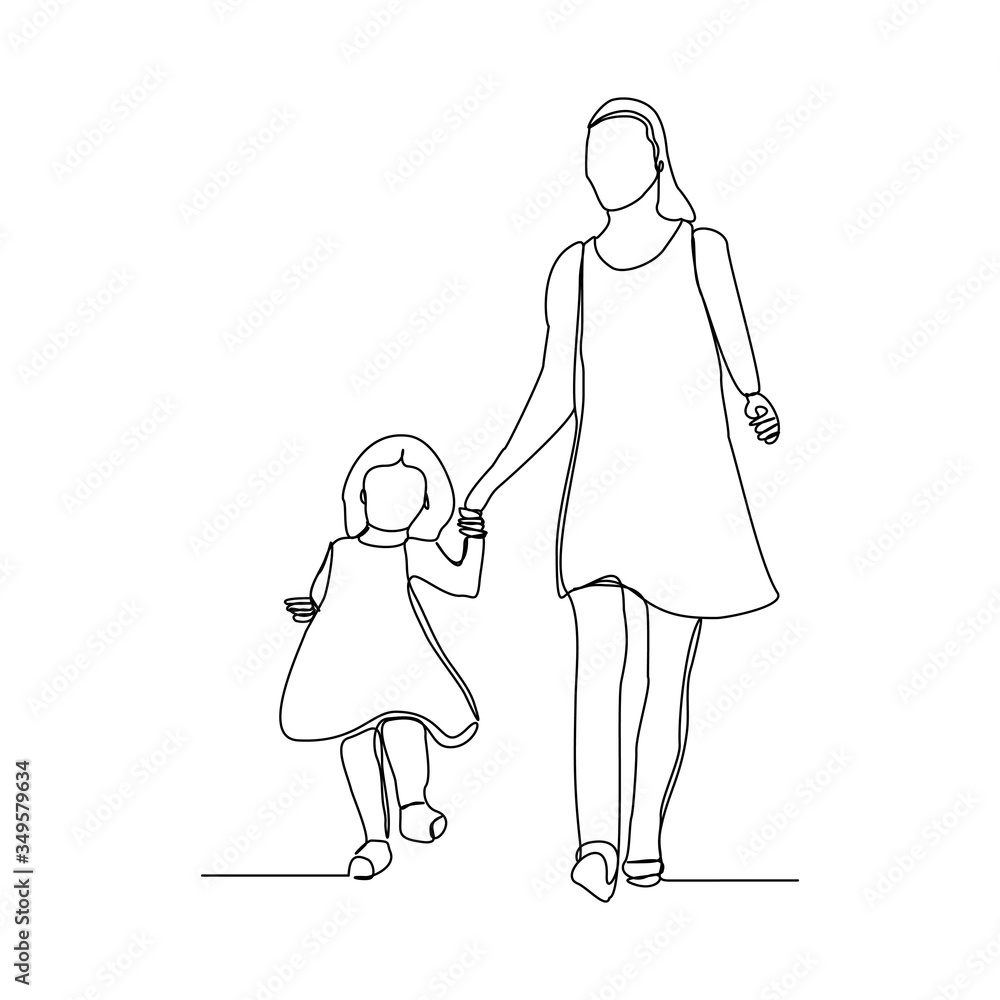 Continuous line drawing of happy mom and chlid. Single line art of small family. Vector illustration Continuous line drawing of happy mom and chlid. Single line art of small family. Vector illustration