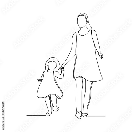 Continuous line drawing of happy mom and chlid. Single line art of small family. Vector illustration