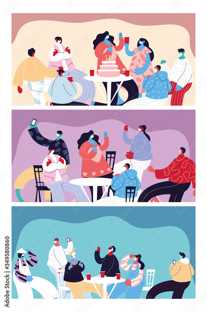 set of cards with people celebrating using face mask
