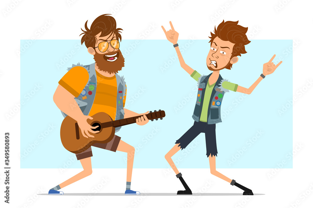 Cartoon flat funny cute bearded rock and roll man characters in jeans jacket. Ready for animation. Smiling boy playing on guitar and dancing. Isolated on blue background. Vector icon set.