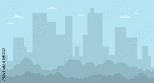 Cartoon flat city landscape with clouds, skyscrapers and buildings silhouettes. In blue tones. Vector megapolis landscape background.