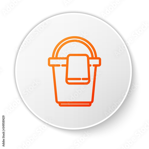 Orange line Bucket with rag icon isolated on white background. Cleaning service concept. White circle button. Vector