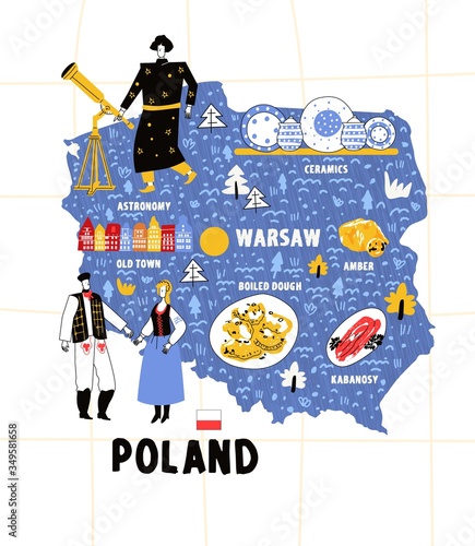 Poland map flat hand drawn vector illustration flag. Names lettering and cartoon landmarks, tourist attractions cliparts. Warsaw Travel, trip comic infographic poster, banner concept design.ai