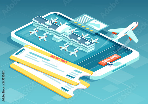 Vector of a travel, business flights with boarding pass, airport terminals and airplane taking off