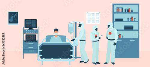 Vector of a medical team in personal protective gear assisting, treating a patient in ICU