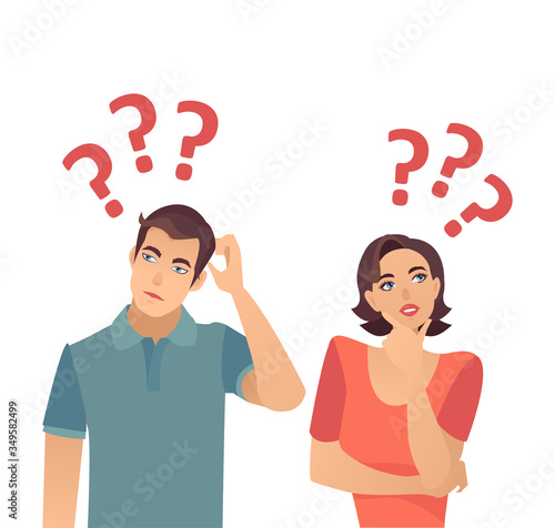 Vector of a confused couple woman and man thinking having  many questions