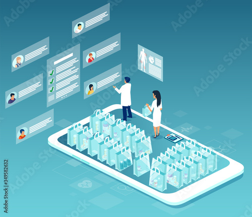 Vector of prescription drugs and medical supplies being sold online via smartphone application technology