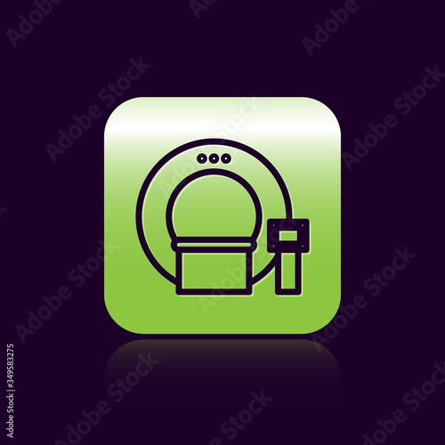 Black line Tomography icon isolated on black background. Medical scanner, radiation. Diagnosis, radiology, magnetic resonance therapy. Green square button. Vector