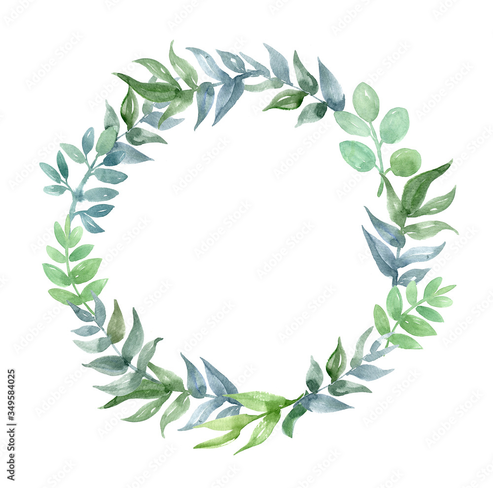 Watercolor illustration of easter wreath. Hand-drawn illustration isolated on white background. Spring green chaplet of roses.