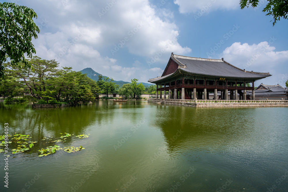 Beautiful view of Gyeonghoeru Pavilion and pond in Gyeongbokgung palace, Seoul, South Korea