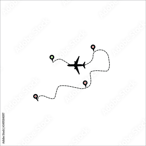 Airplane line path vector icon of air plane flight route with start point and dash line trace