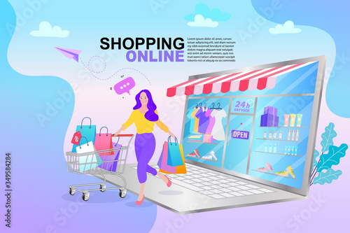 Online shopping banner, Internet digital store scene with woman on shopping. E-commerce advertising illustration. People shopping online concept with happy.