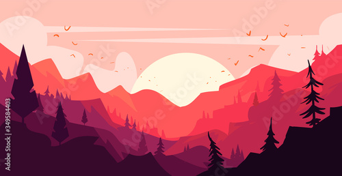 Mountain natural landscape in cartoon style. Flat landscape vector illustration.
