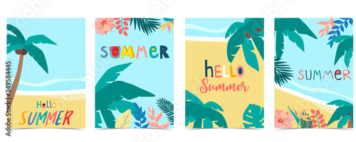 Collection of summer background set with palm,coconut tree,sea,beach.Editable vector illustration for invitation,postcard and website banner.Hello summer
