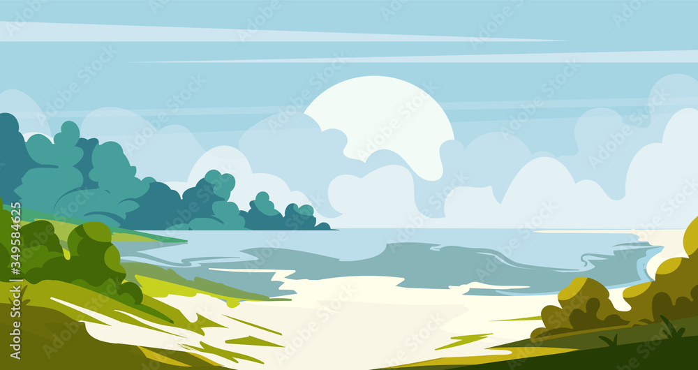Cartoon beach landscape. Flat landscape vector illustration