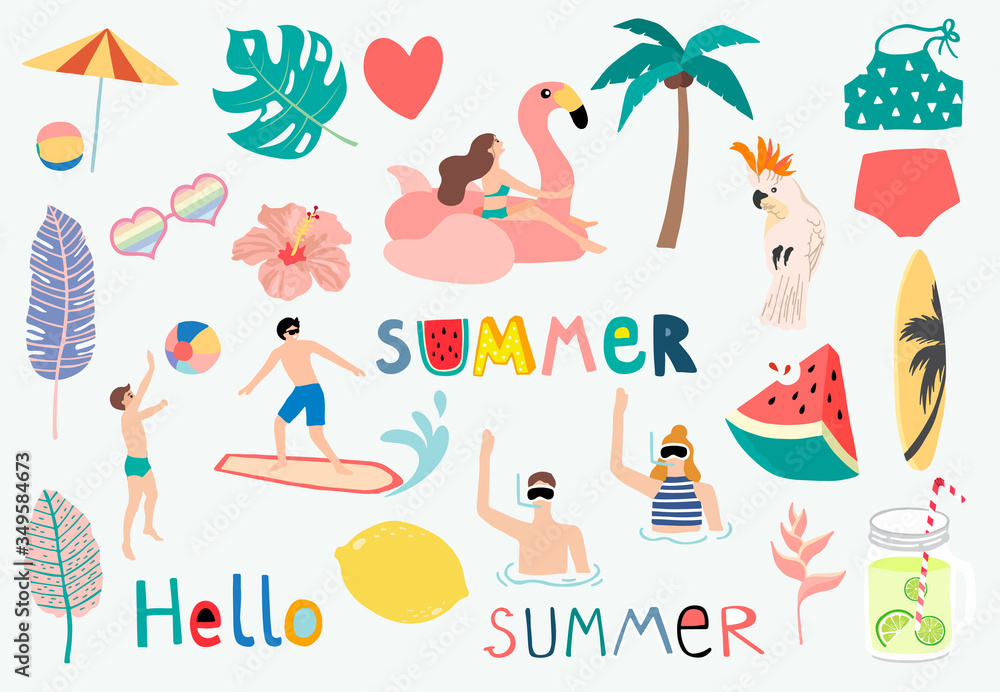 Summer object collection with watermelon,lemon,float and surfboard.Vector illustration for icon,logo,sticker,printable,postcard and invitation Summer object collection with watermelon,lemon,float and surfboard.Vector illustration for icon,logo,sticker,printable,postcard and invitation