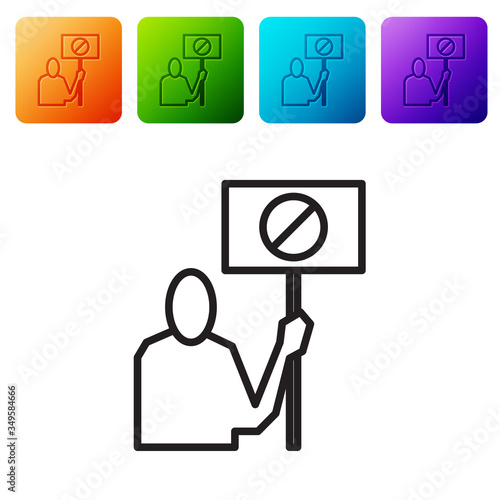 Black line Nature saving protest icon isolated on white background. Earth planet protection, environmental issues demonstration. Set icons in color square buttons. Vector Illustration