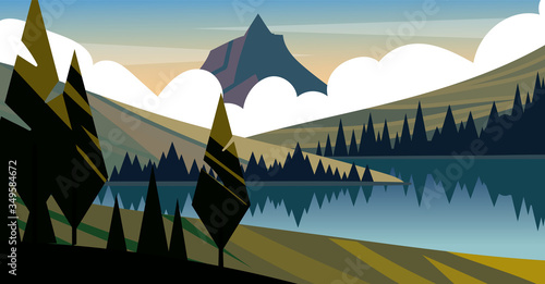 Cartoon landscape of nature, forest, mountains and lake. Flat landscape vector illustration.