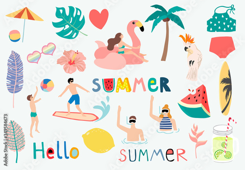 Summer object collection with watermelon,lemon,float and surfboard.Vector illustration for icon,logo,sticker,printable,postcard and invitation