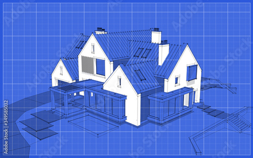 3d rendering of modern cozy clinker house on the ponds with garage and pool for sale or rent. Black line sketch with white spot on blueprint background © korisbo