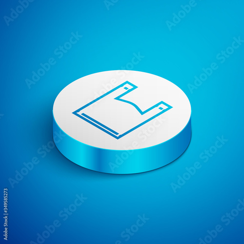 Isometric line Plastic bag icon isolated on blue background. Disposable cellophane and polythene package prohibition sign. White circle button. Vector Illustration