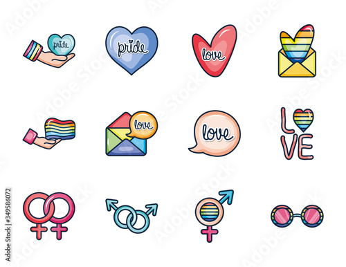 gender symbols and pride icon set, line color style
