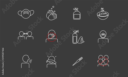 Group of icons related to coronavrius prevention and social distancing. Icons on isolated black background, Vector