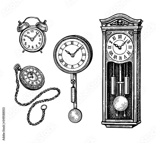 Ink sketch set of vintage clocks