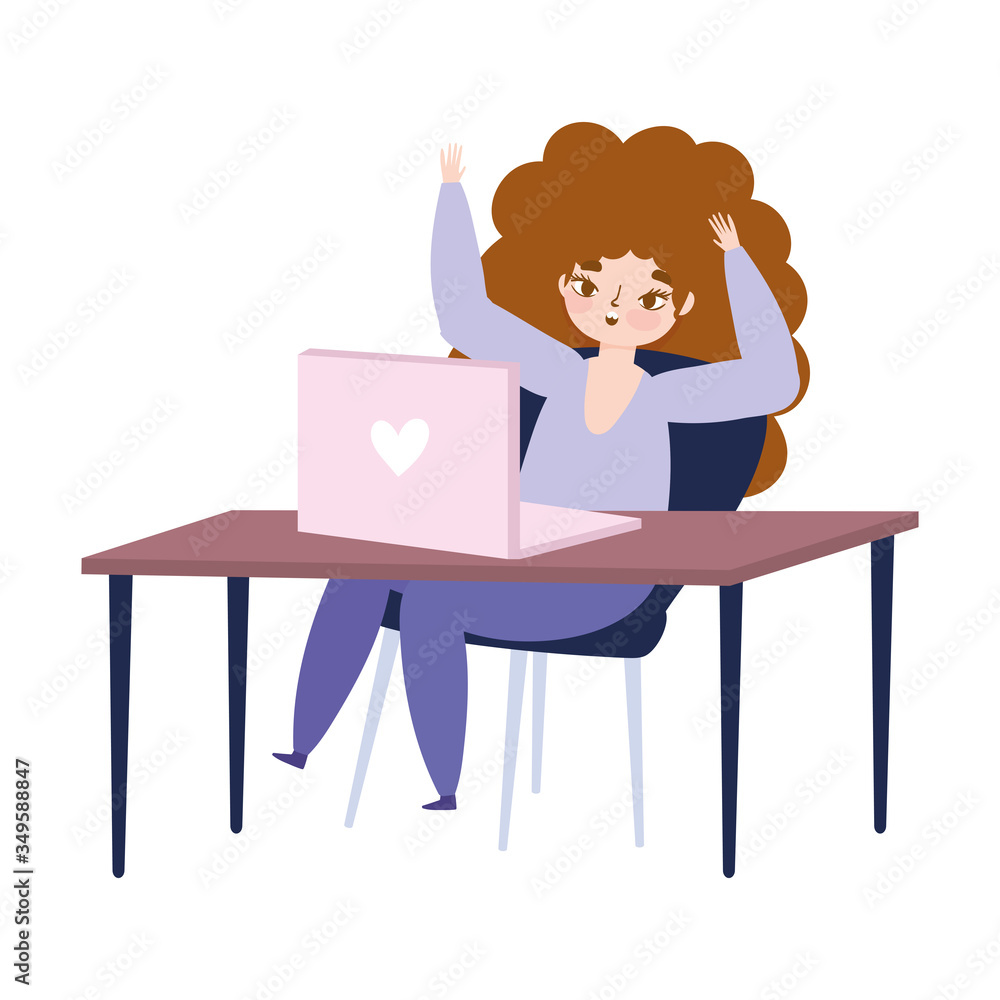 working remotely, young woman with laptop on desk isolated design working remotely, young woman with laptop on desk isolated design