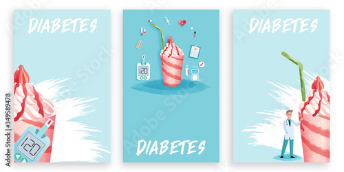 Set of Diabetes patient treatment Concept. Blood glucose testing meter. Diabetes type 2 and insulin production.